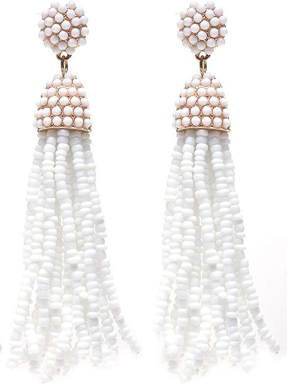 Women's Beaded tassel earrings Long Fringe Drop Earrings Dangle 6 Colors | Amazon (US)