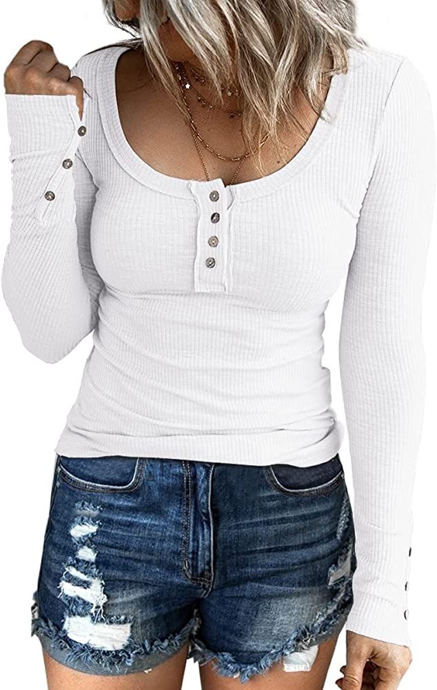 Kissfix Women's Long Sleeve Shirts Casual Fall Henley Top Button Down Blouses Basic Ribbed Knit T Sh | Amazon (US)