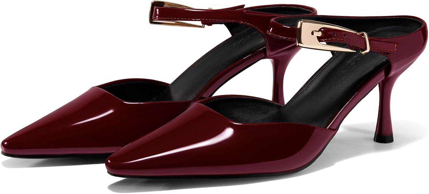 Coutgo Womens High Heels Mules Closed Pointed Toe Kitten Heel Pumps Ankle Buckle Strap Slip On Backless Dress Shoes | Amazon (US)