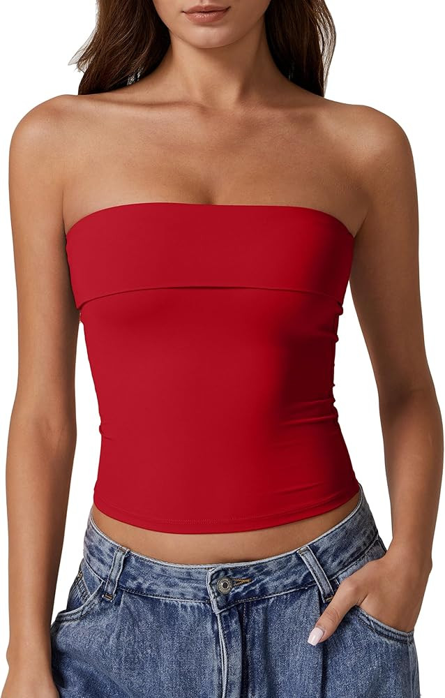 QINSEN Women's Tube Tops Strapless Bandeau Tops Double Lined Slim Fit Summer Going Out Tank Tops | Amazon (US)