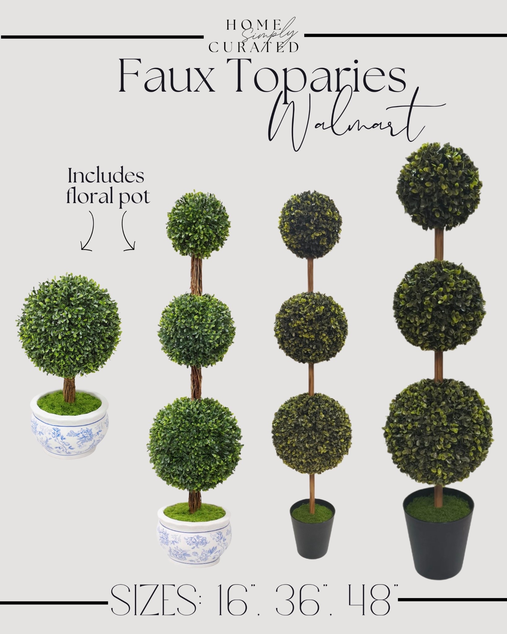 Faux topiaries from Walmart!! Available in 16”, 36”, 48”. I’m also linking some 6’ options!

Faux outdoor plant, artificial topiaries, patio decor, porch decor 

#LTKSeasonal #LTKHome