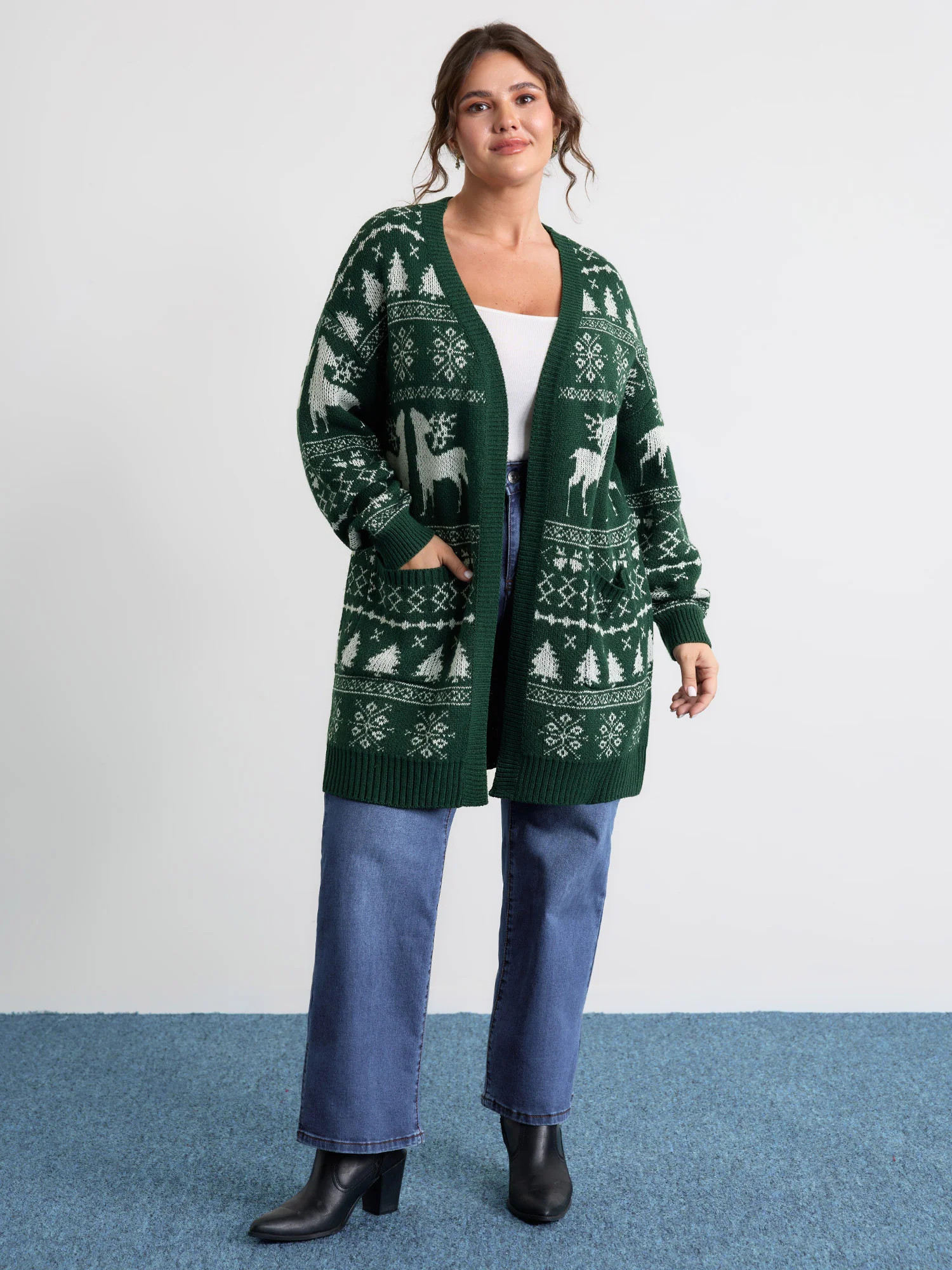 Elk Christmas Print Jacquard Open-Front Knit Cardigan | Bloomchic