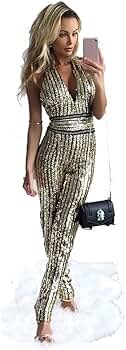 Women's Gold Sequin Deep-V Strapless Backless Playsuit Sequined Jumpsuits | Amazon (US)
