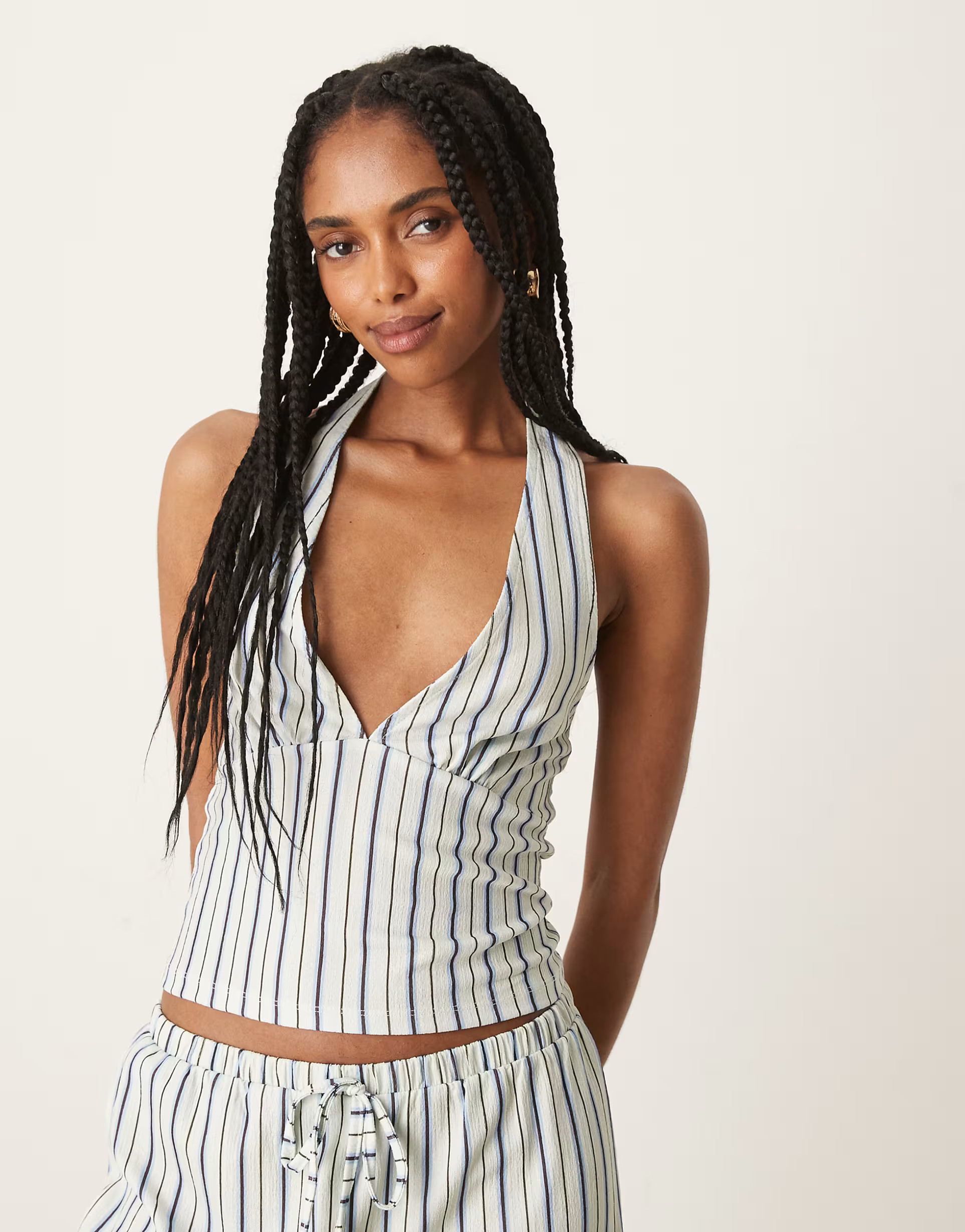 ASOS DESIGN textured pinstripe halter top in ivory - part of a set | ASOS (Global)