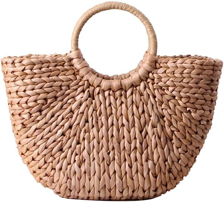 EROUGE Natural Chic Straw Bag Hand Woven Round Handle Handbags Retro Summer Beach Bag Beach Bag | Amazon (US)