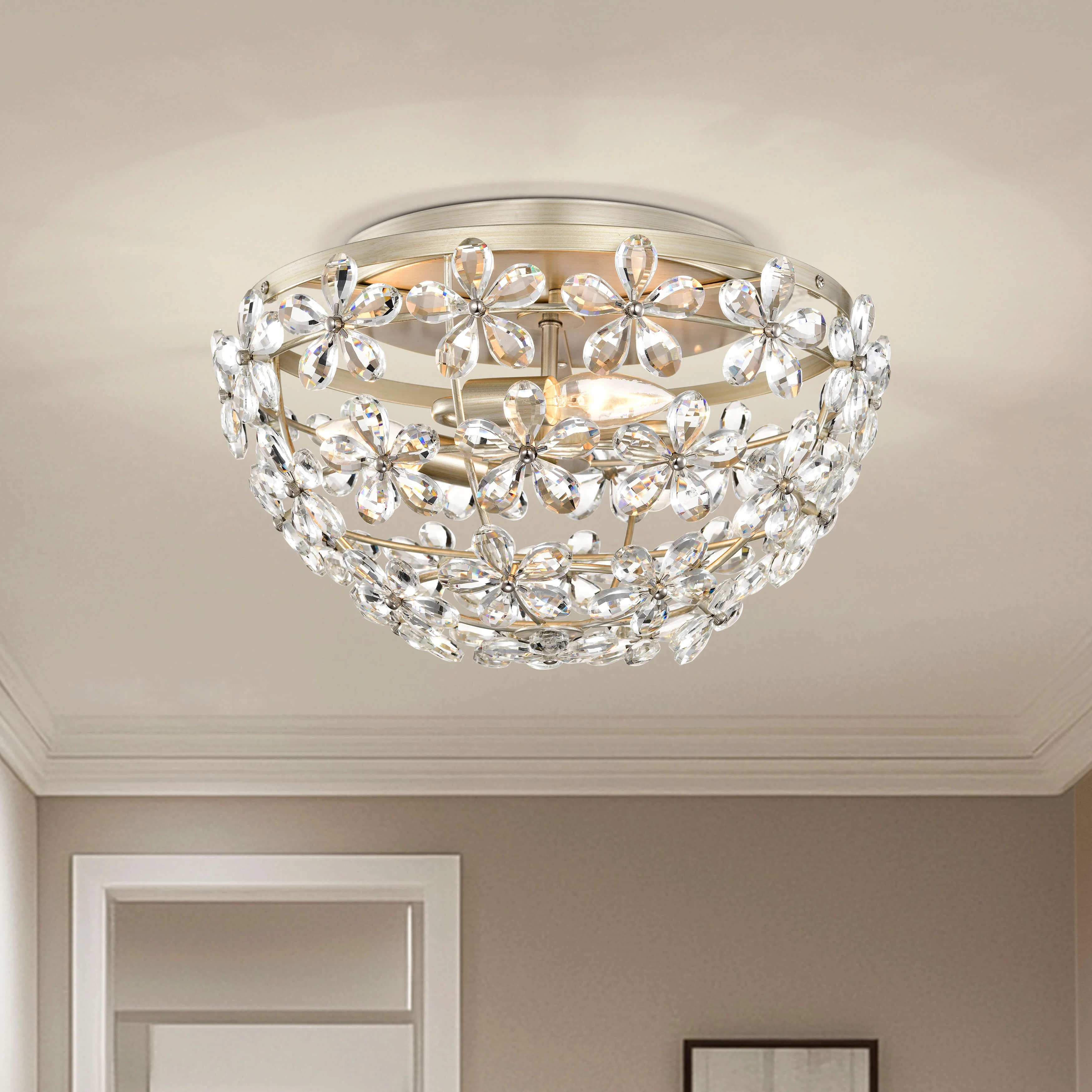 Rosa 3-Light Glam Brushed Silver-ish Champagne Daisy Flower Crystal Blossom Flush Mount | Wayfair North America