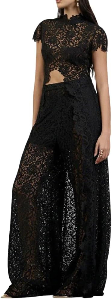 2 Piece Sets for Women Dressy Asymmetrical Lace Top Button Down and Wide Leg Pants Date Outfits | Amazon (US)