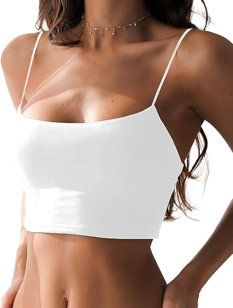 Women's Sexy Spaghetti Strap Camisole Tank Tops Y2k Tube Slim Fitted Yoga Basic Cami Crop Top | Amazon (US)