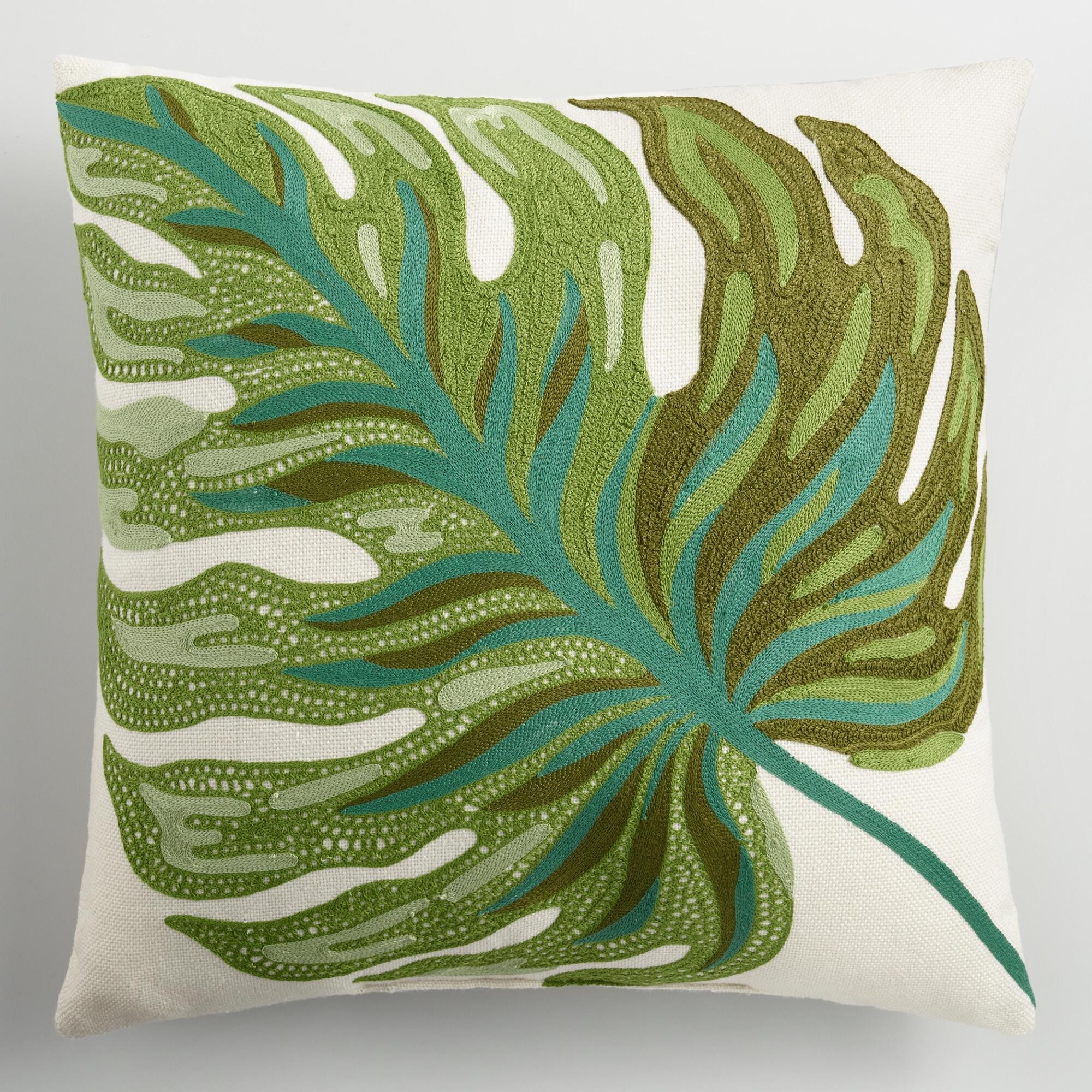 Palm Leaf Embroidered Indoor Outdoor Throw Pillow | World Market