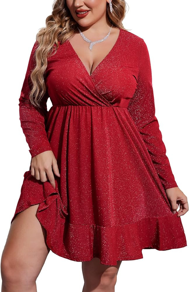 IN'VOLAND Plus Size Womens Glitter Dress V Neck Long Sleeve Ruffle Hem Swing Club Cocktail Party ... | Amazon (US)