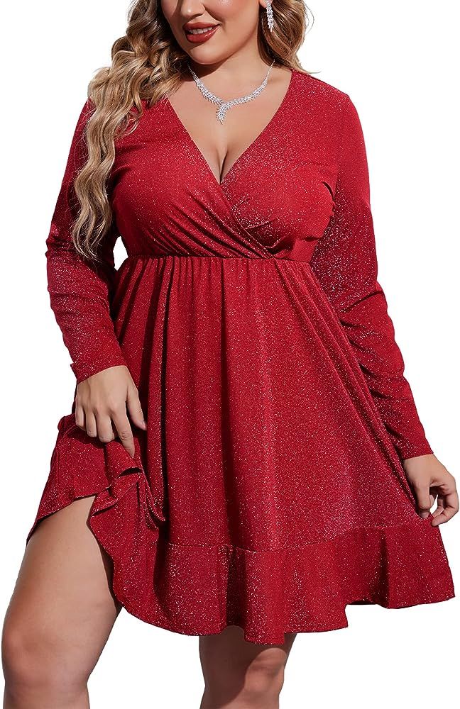 IN'VOLAND Plus Size Womens Glitter Dress V Neck Long Sleeve Ruffle Hem Swing Club Cocktail Party Dre | Amazon (US)
