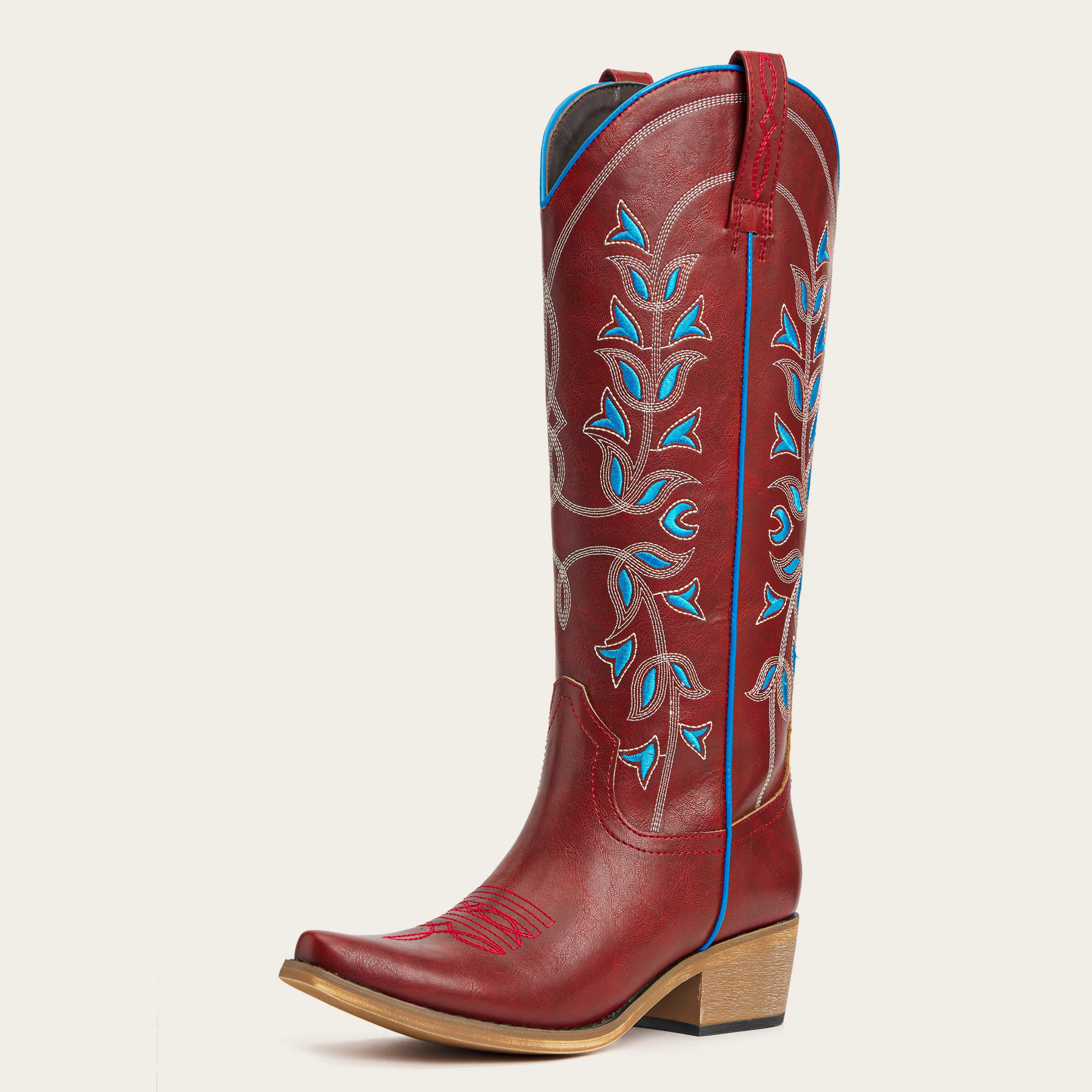 The Belle - Red Cowgirl Boots Snip Toe with Blue Floral Embroidery - Burgundy / US 8.5 | REDTOP
