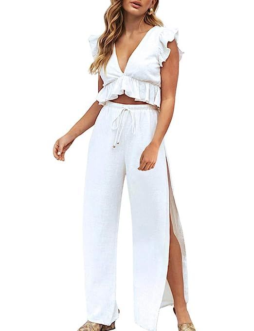 FANCYINN Womens 2 Pieces Outfits Deep V Neck Crop Top Side Slit Drawstring Wide Leg Pants Set Jum... | Amazon (US)