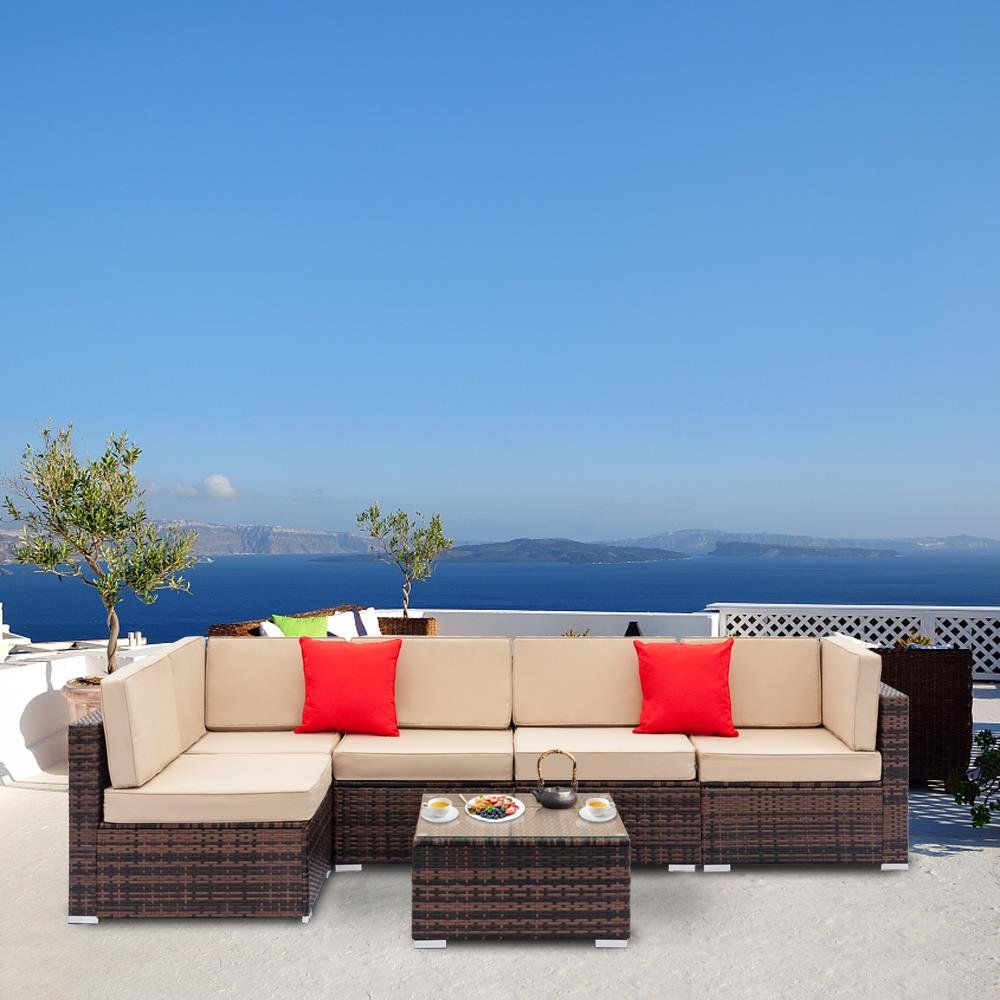 Ktaxon 6 PCS Outdoor Rattan Wicker Sofa Sectional Furniture Set Patio Garden Backyard with Beige ... | Walmart (US)