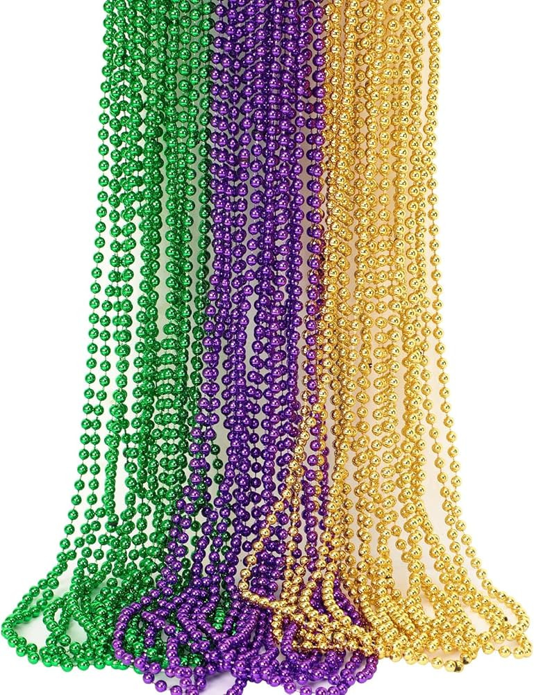 JULBEAR Bulk Mardi Gras Beads Necklaces, 30pcs Carnival Purple Green Gold Metallic Bead Necklace ... | Amazon (US)