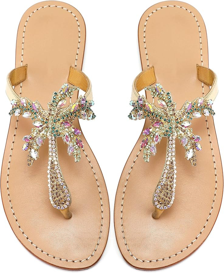 Monrovia Women's Rhinestone Jeweled Flat Beach Wedding Summer Sandals Gold Rhinestone Jeweled San... | Amazon (US)