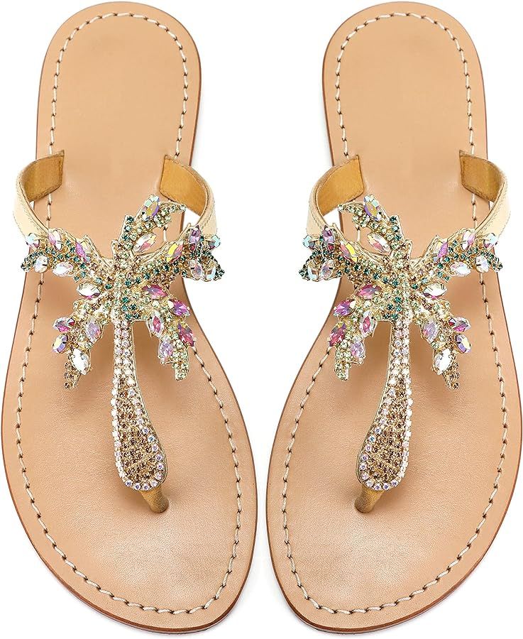 Women's Rhinestone Jeweled Flat Beach Wedding Summer Sandals Gold Rhinestone Jeweled Sandals for ... | Amazon (US)