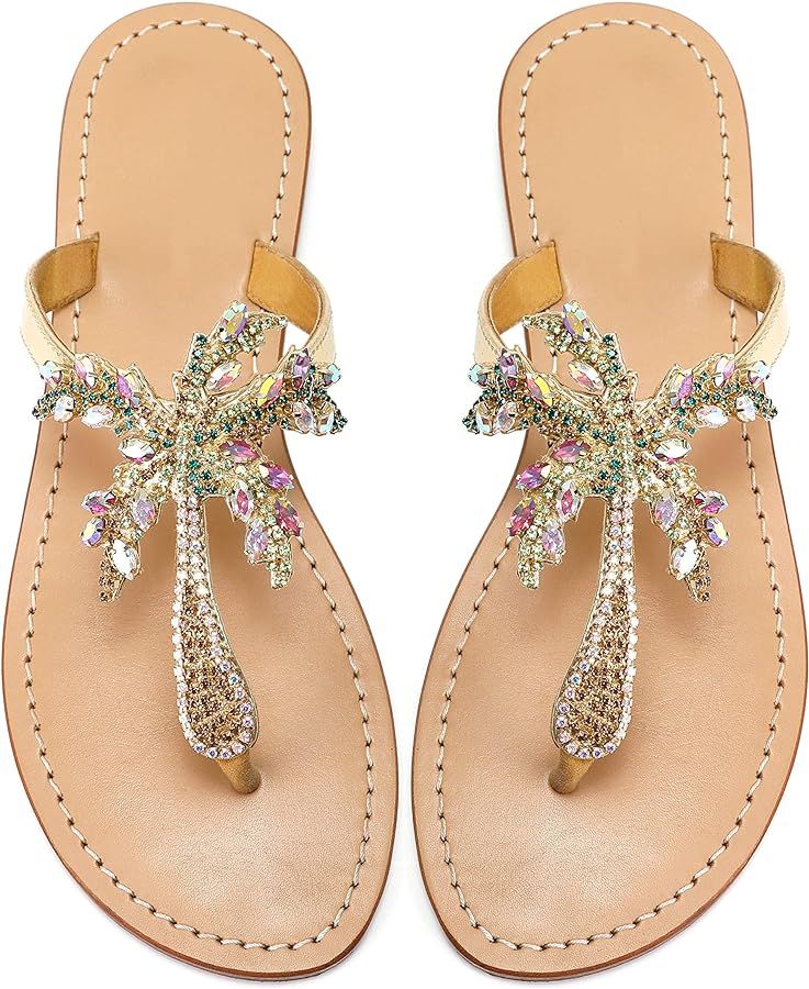 Monrovia Women's Rhinestone Jeweled Flat Beach Wedding Summer Sandals Gold Rhinestone Jeweled San... | Amazon (US)