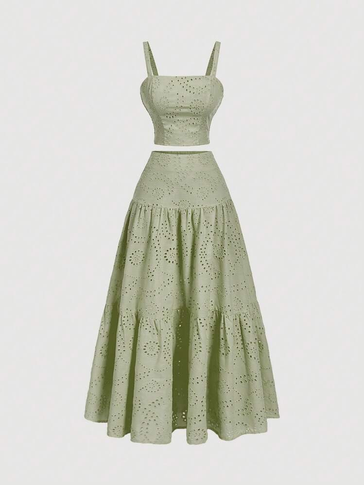 SHEIN MOD 2 Peças Conjunto De Saia Longa Bordada Verde Oliva, Estilo Boho Multi-Camadas Com Bainha Plissada, Adequado Para Encontros, Feriados, Piqueniques, Praia, Traje Confortável | SHEIN