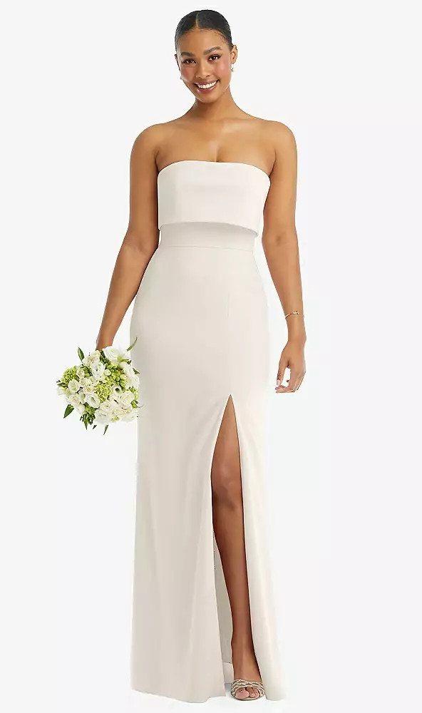 Strapless Overlay Bodice Crepe Maxi Dress with Front Slit in Ivory | The Dessy Group