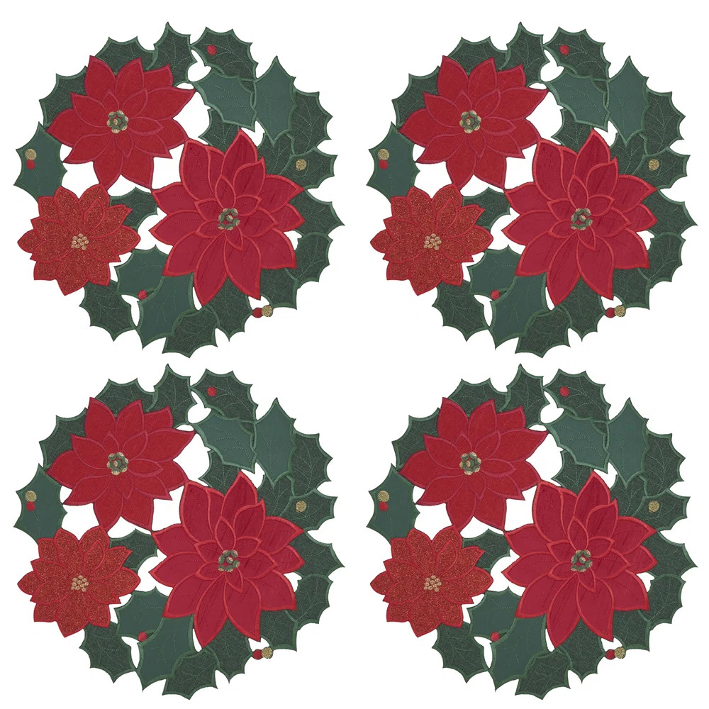 Red & Green Embroidered Glitter Poinsettia Placemats 15" Round, Set Of 4 | Wayfair North America