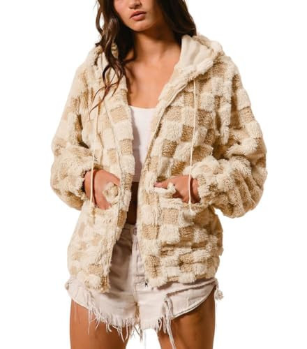 chouyatou Women's Winter Checkered Plaid Fleece Jacket Zip Up Hooded Fuzzy Sherpa Coat with Pockets (X-Large, Khaki) | Amazon (US)