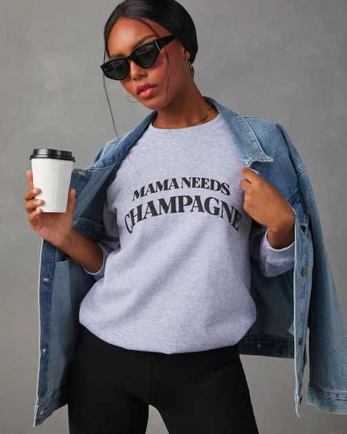 Mama Needs Champagne Graphic Sweatshirt - Grey | VICI
