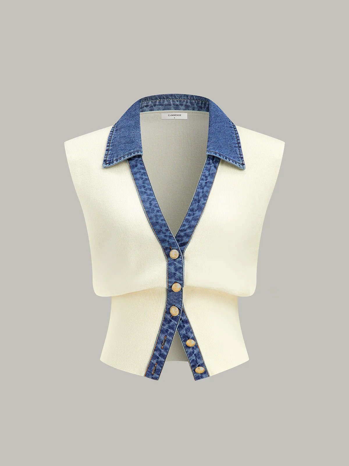 Denim Trim Metal Button Knit Vest | Commense