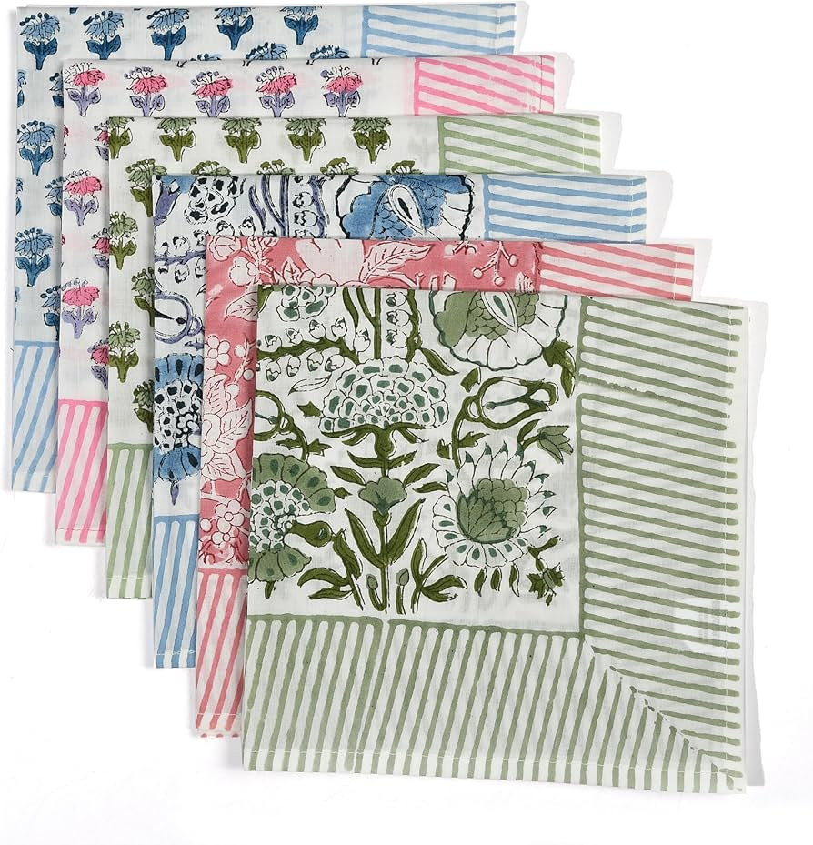 CPC Stripe Border Indian Block Print Cotton Cloth Napkins Set of 4, 18x18 Reusable Everyday Napki... | Amazon (US)