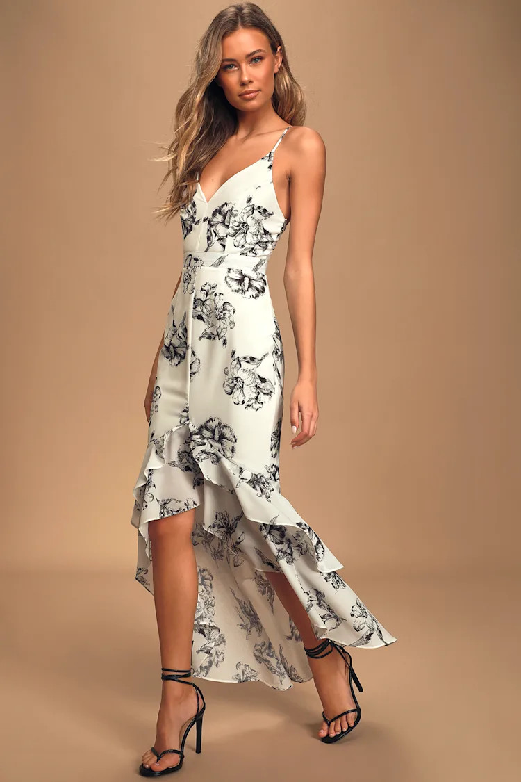 Darling Daylily Black and White Floral Print High-Low Maxi Dress | Lulus (US)