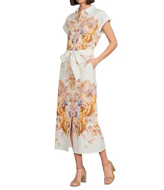 Gibson & Latimer Woven Floral Print Point Collar Cap Sleeve Button Front Tie Waist Shirt Maxi Dre... | Dillard's