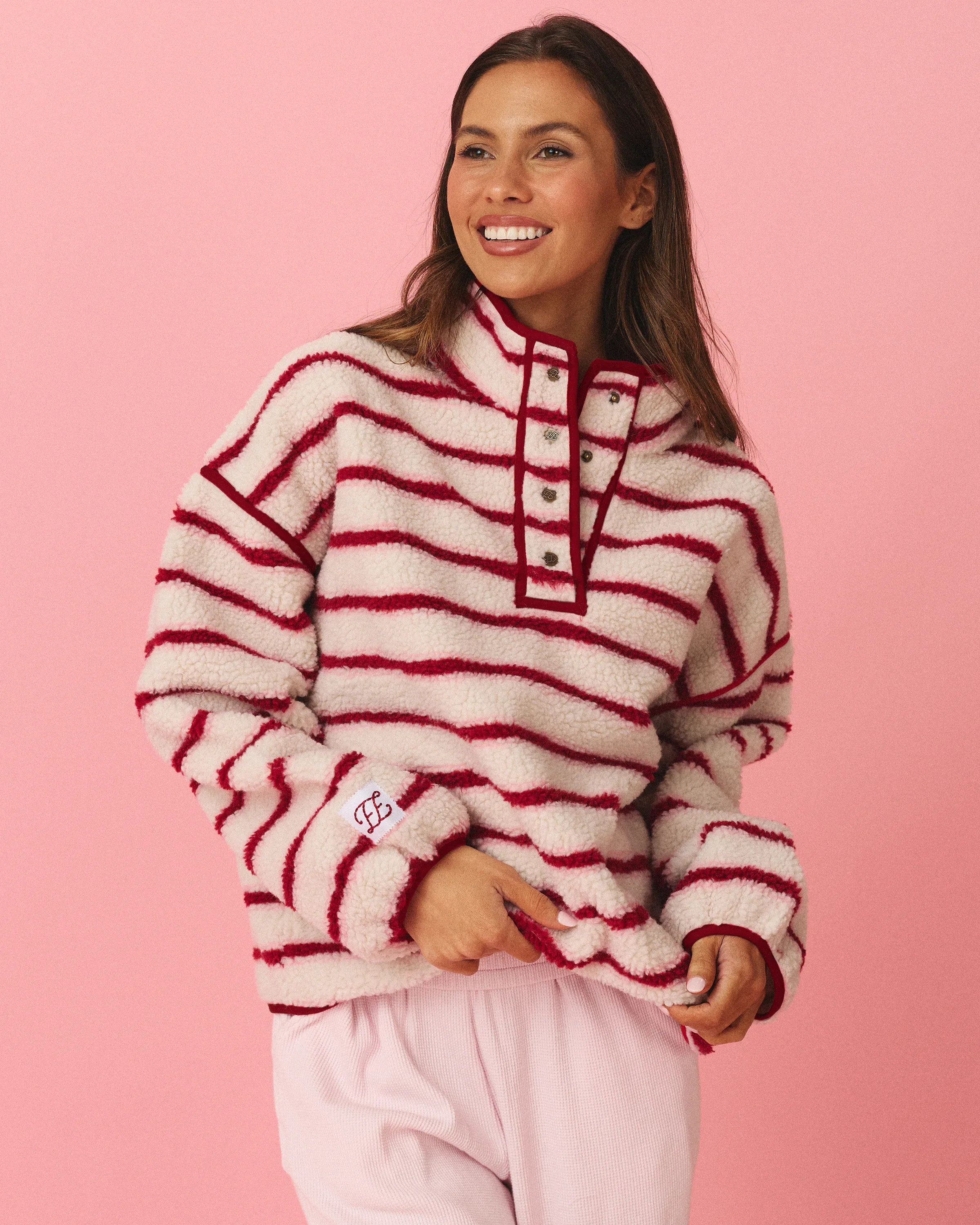 Fleece Pullover in Red and Pink Stripe | Eleven Eleven
