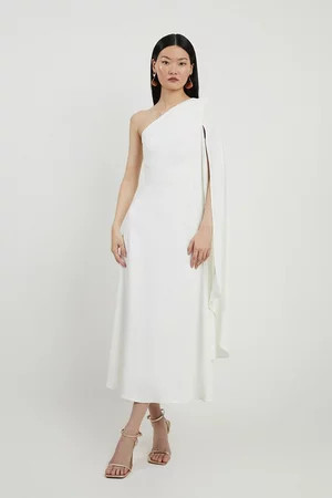Petite Satin Back Crepe One Shoulder Drape Sleeve Maxi Dress | Karen Millen UK + IE + DE + NL