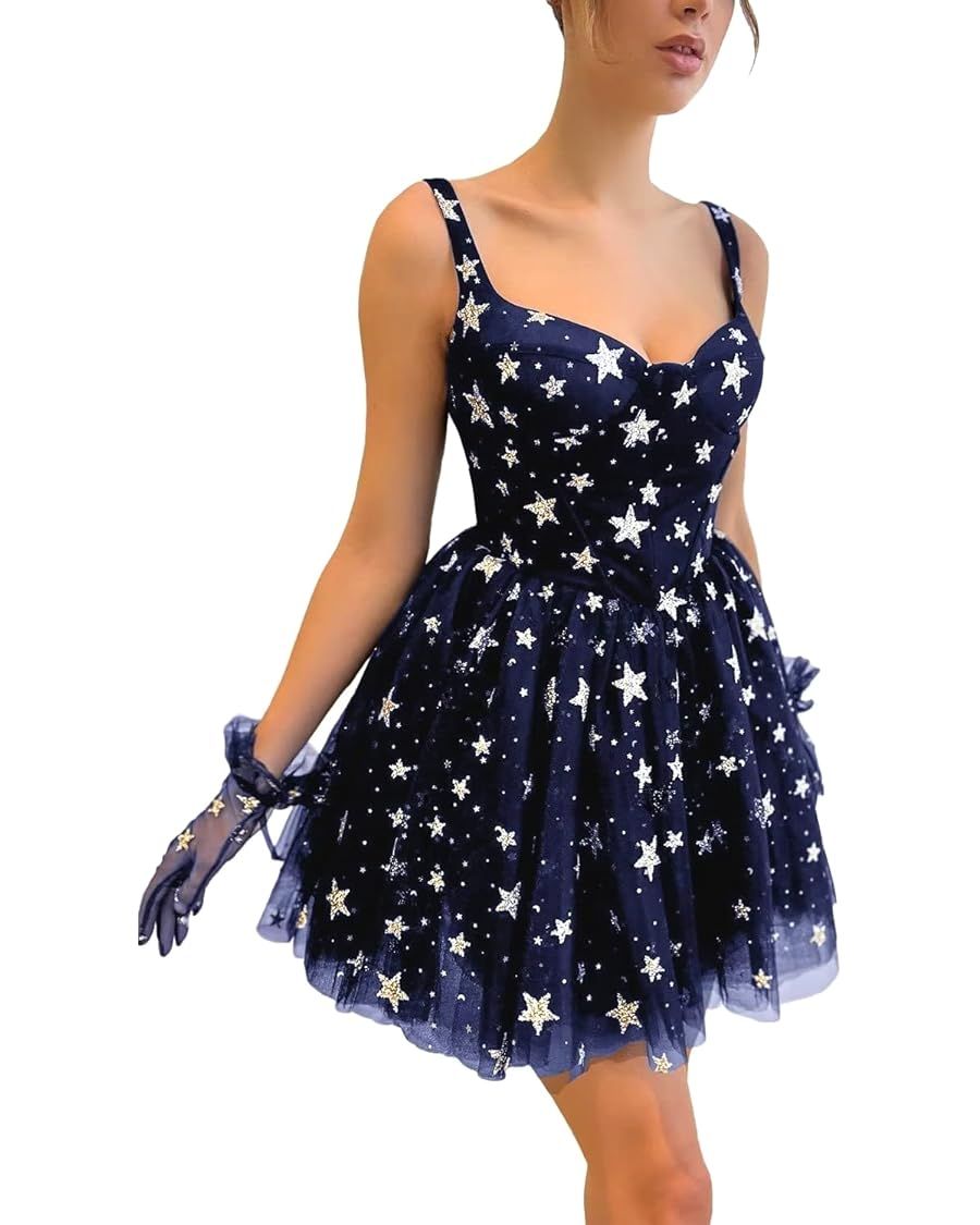 Maxianever Starry Tulle Prom Dresses Navy Blue Spaghetti Straps Women's Short Formal Glitter Tulle H | Amazon (US)