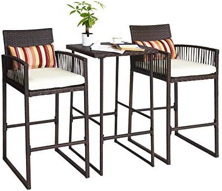 Aura Outdoor 3 Piece Patio Bar Set, Bar Height Bistro Table Set of 3, High Top Wicker Bar Stools ... | Amazon (US)