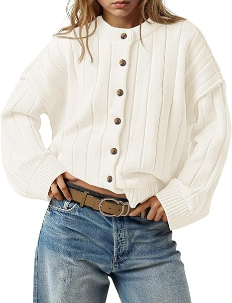 Saodimallsu Womens Open Front Cardigan Sweaters Button Down Knit Long Sleeve Crewneck Casual Loos... | Amazon (US)