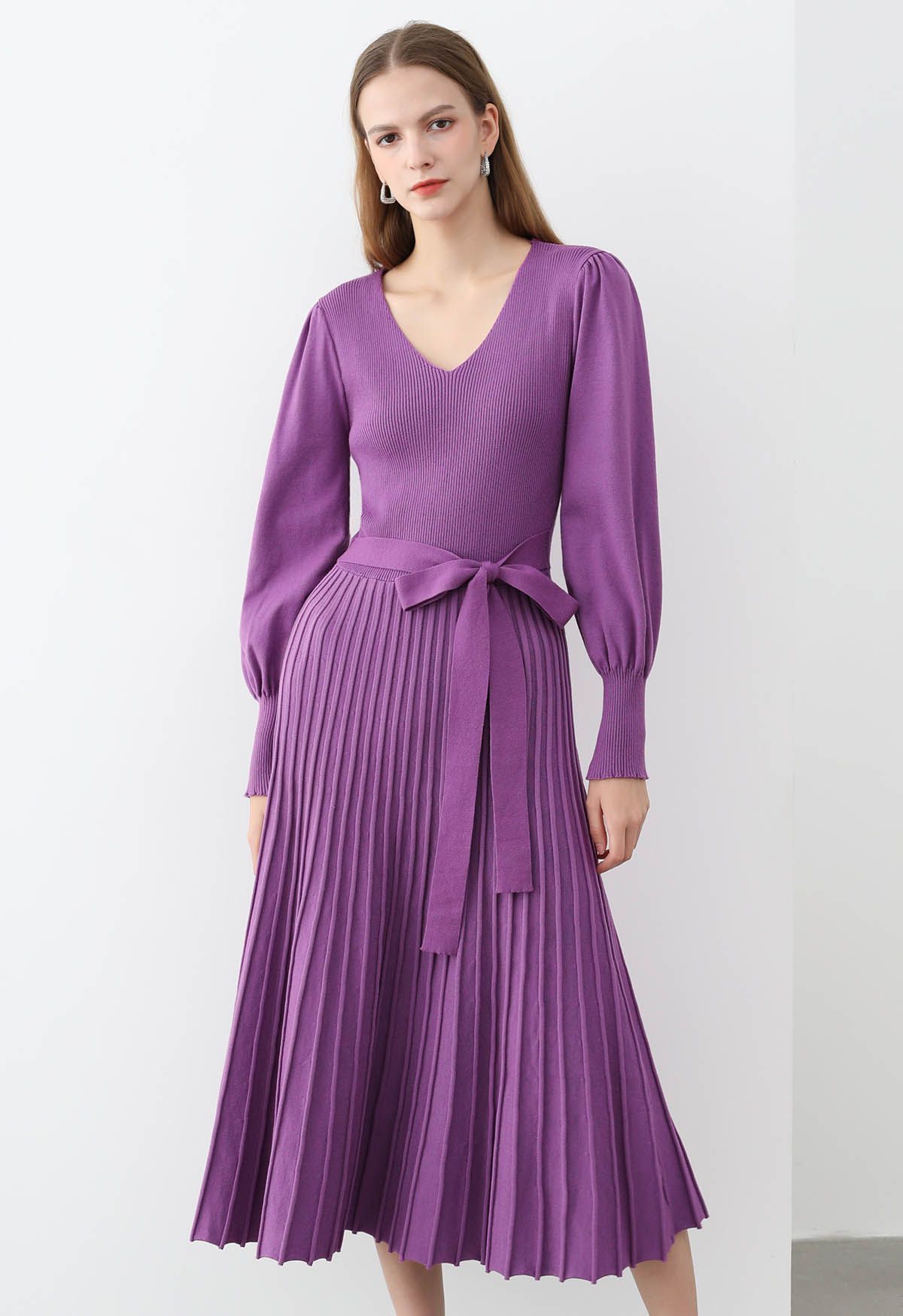 Captivating V-Neck Tie Waist Pleated Knit Dress in Purple | Chicwish