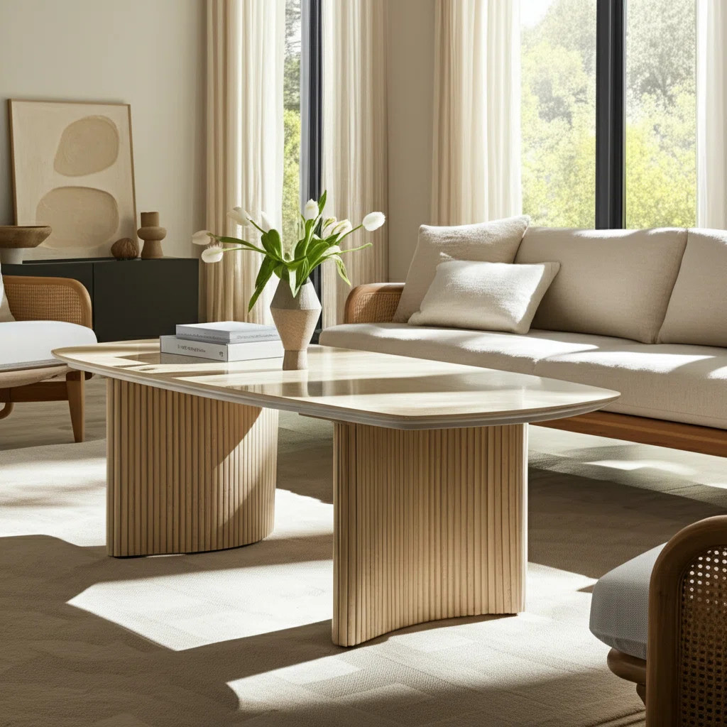 Travertine Coffee Table with Fluted Wood Base, Modern Rectangular Coffee Table for Living Room, S... | Wayfair North America