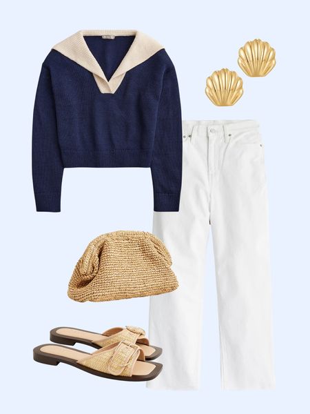 Nautical inspired summer outfit; navy sailor pullover, slim white wide leg jeans, raffia sandals and bag, shell earrings 

#LTKstyletip #LTKfindsunder100 #LTKsalealert