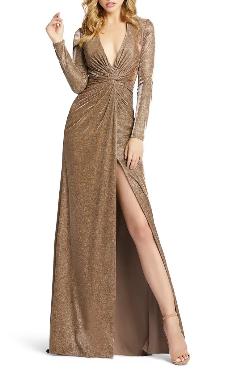 Ieena for Mac Duggal Twist Front Long Sleeve Metallic Gown | Nordstrom | Nordstrom