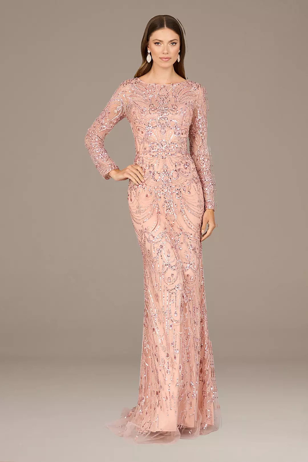 Lara High Neck Long Sleeve Embroidered Dress | David's Bridal | David's Bridal