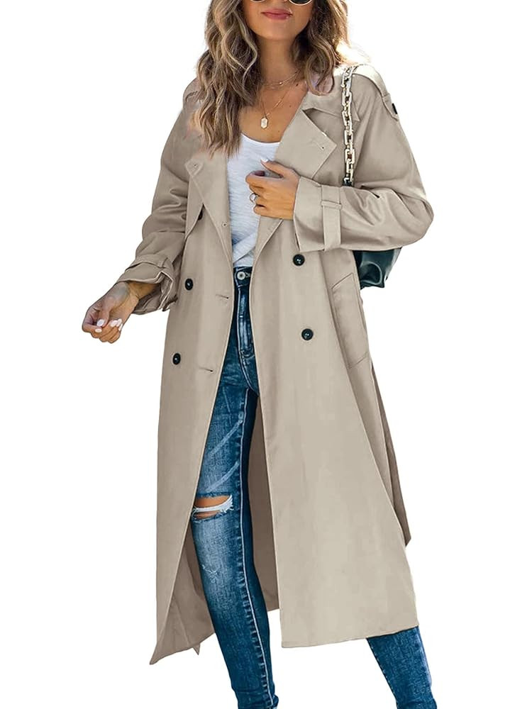 Makkrom Women's Double Breasted Long Trench Coat Windproof Classic Lapel Slim Overcoat with Belt | Amazon (US)