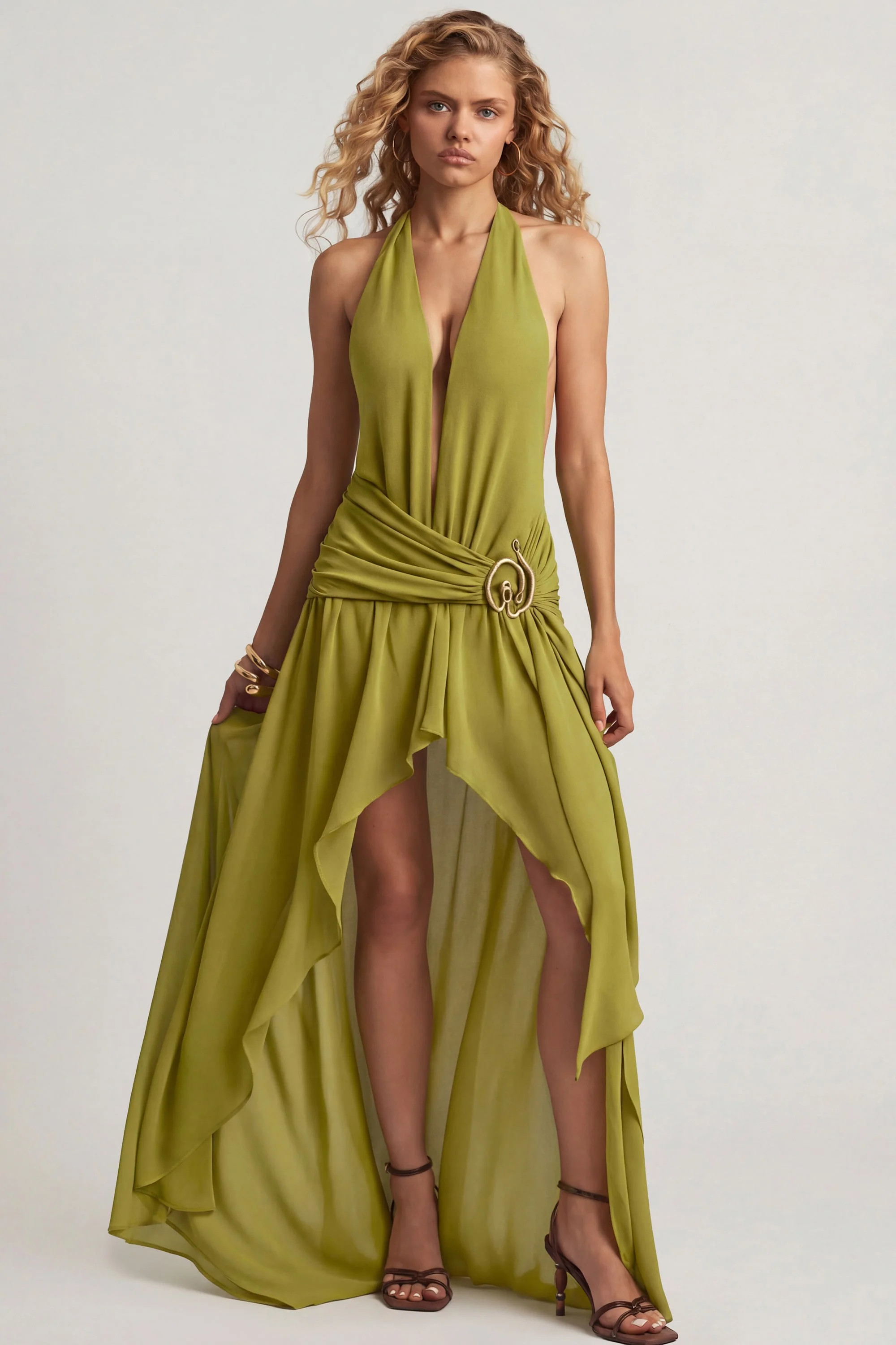 Asymmetric Halterneck Maxi Dress in Olive Green | Oh Polly