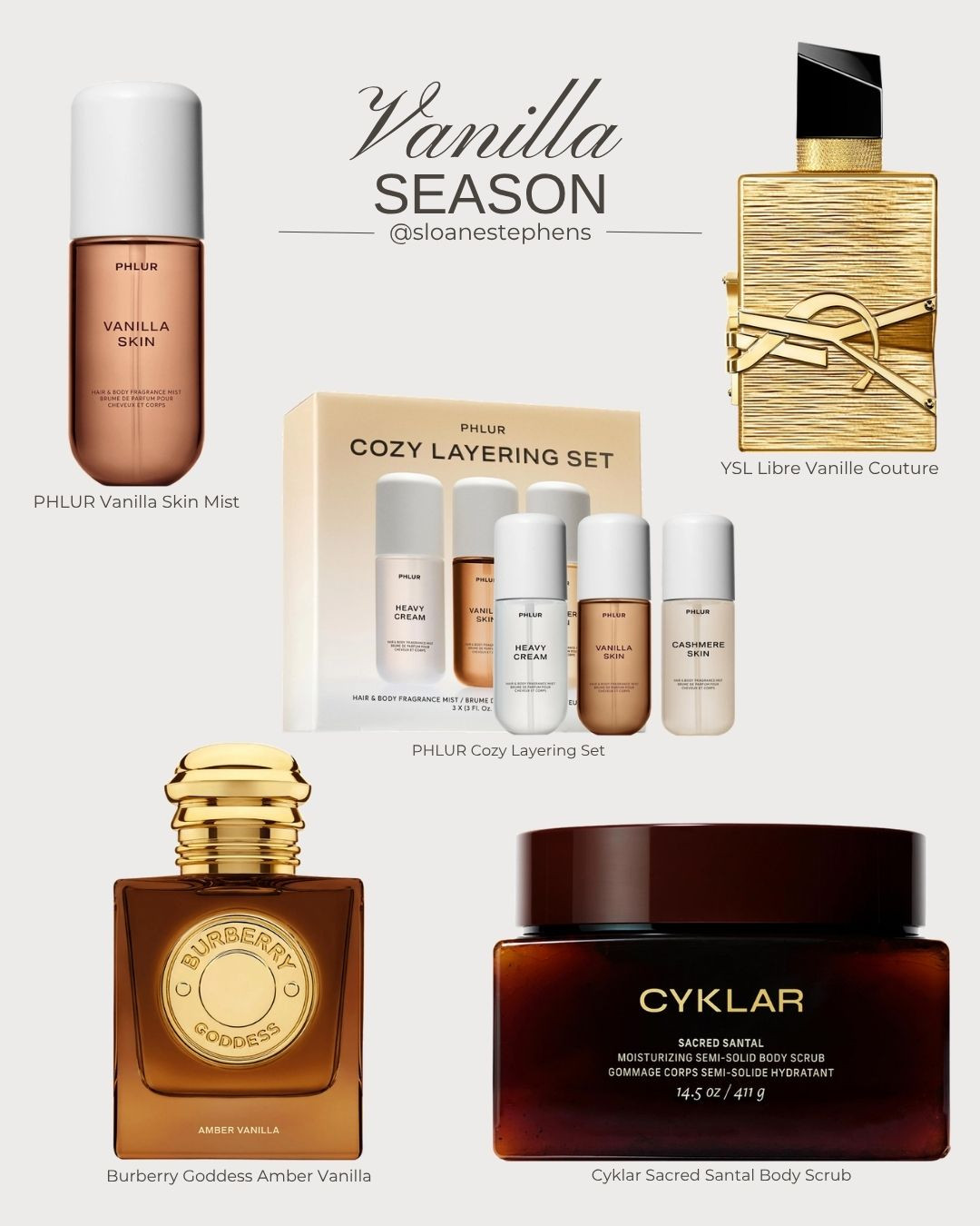 It's officially vanilla season 🤎 My coziest vanilla scents and body care for fall: PHLUR Vanilla Skin, YSL Libre Vanille Couture, the PHLUR Cozy Layering Set, Burberry Goddess and the Cyklar Sacred Santal scrub. #vanillaperfume #fallfragrance #smellgood #perfumecollection #bodycare #sephora 

 #LTKselfcare #LTKBeauty