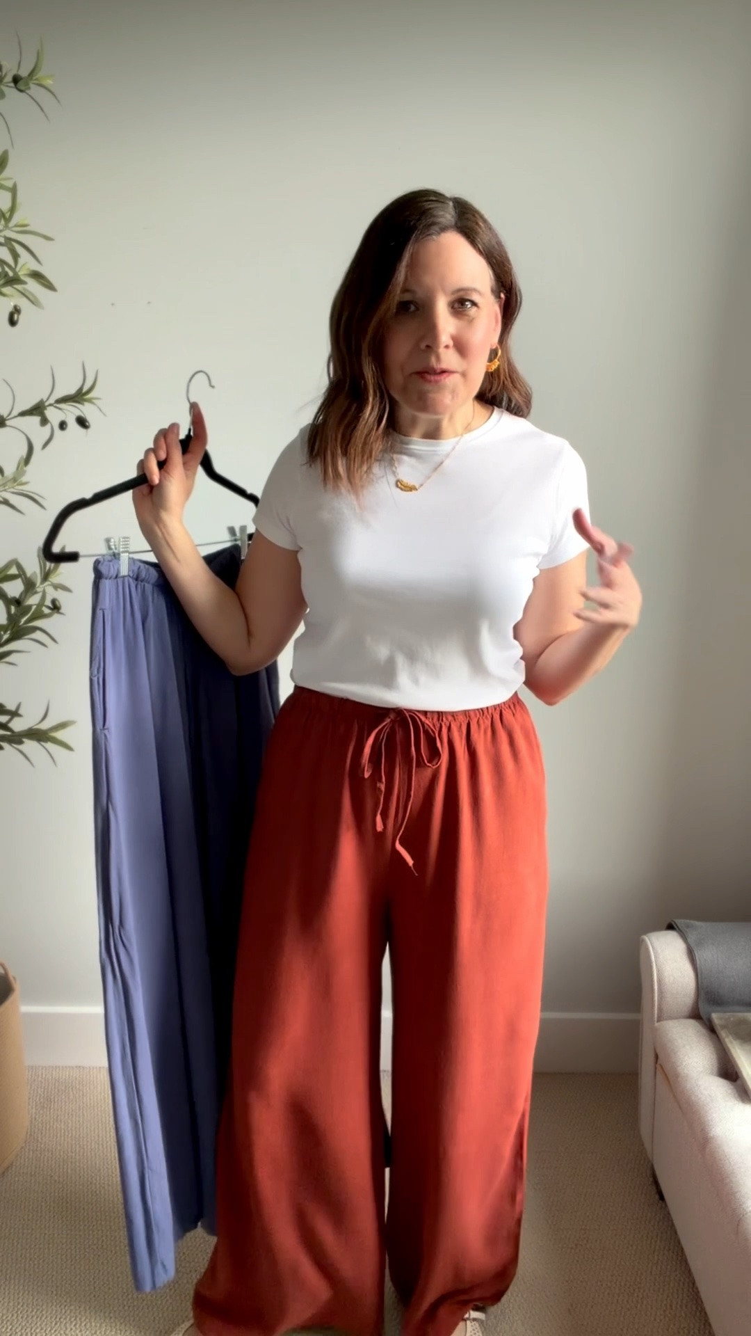 If a soft belly makes it hard for you to wear a tucked in fitted T-shirt with pants, these are the drawstring pull-on pants that make it possible. They hit at a slim part of the waist and have gathers that smooth the midsection. I sized up to a large in them because they were too snug in the rear in a medium. I’m wearing this J.Crew Factory T-shirt in a small but could go up a size to a medium for a looser fit. It has a thicker fabric. These are a cotton linen blend, and I will wash them on a delicate cold cycle and lay them flat to dry to prevent shrinking.

#LTKOver40 #LTKMidsize #LTKSaleAlert
