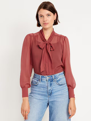 Long-Sleeve Tie-Neck Chiffon Top | Old Navy (US)