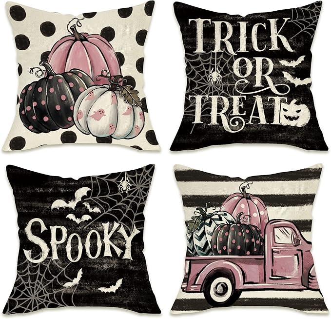 Fahrendom Halloween Trick or Treat Decorative Throw Pillow Covers 18x18 Set of 4, Spooky Pink Pum... | Amazon (US)
