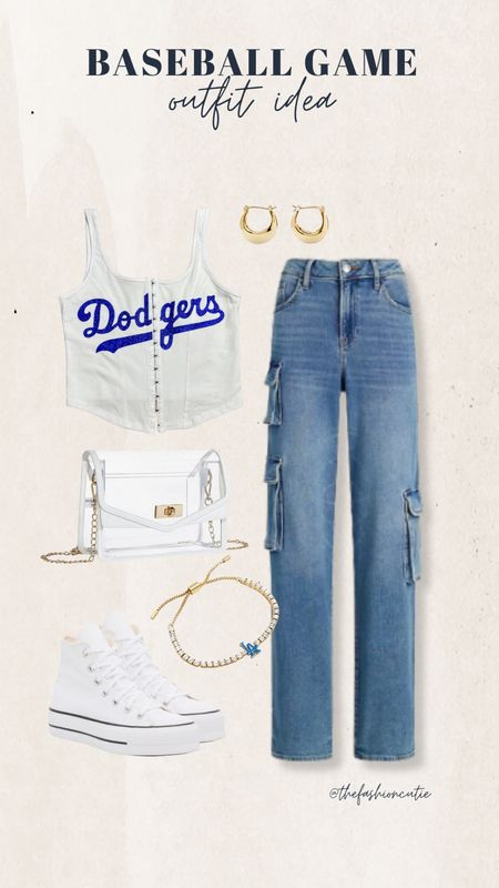 I’m sharing a baseball game outfit you’ll actually wear. I absolutely love this Dodgers corset paired with cargo pants and sneakers. Don’t forget some gold jewelry and your clear stadium approved bag.

#LTKSeasonal #LTKstyletip #LTKfindsunder100