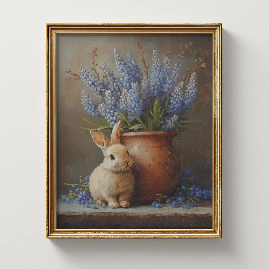 Bunny with Blue Flowers Print: Rustic Cottagecore Wall Art (Printable Download) | Etsy (US)