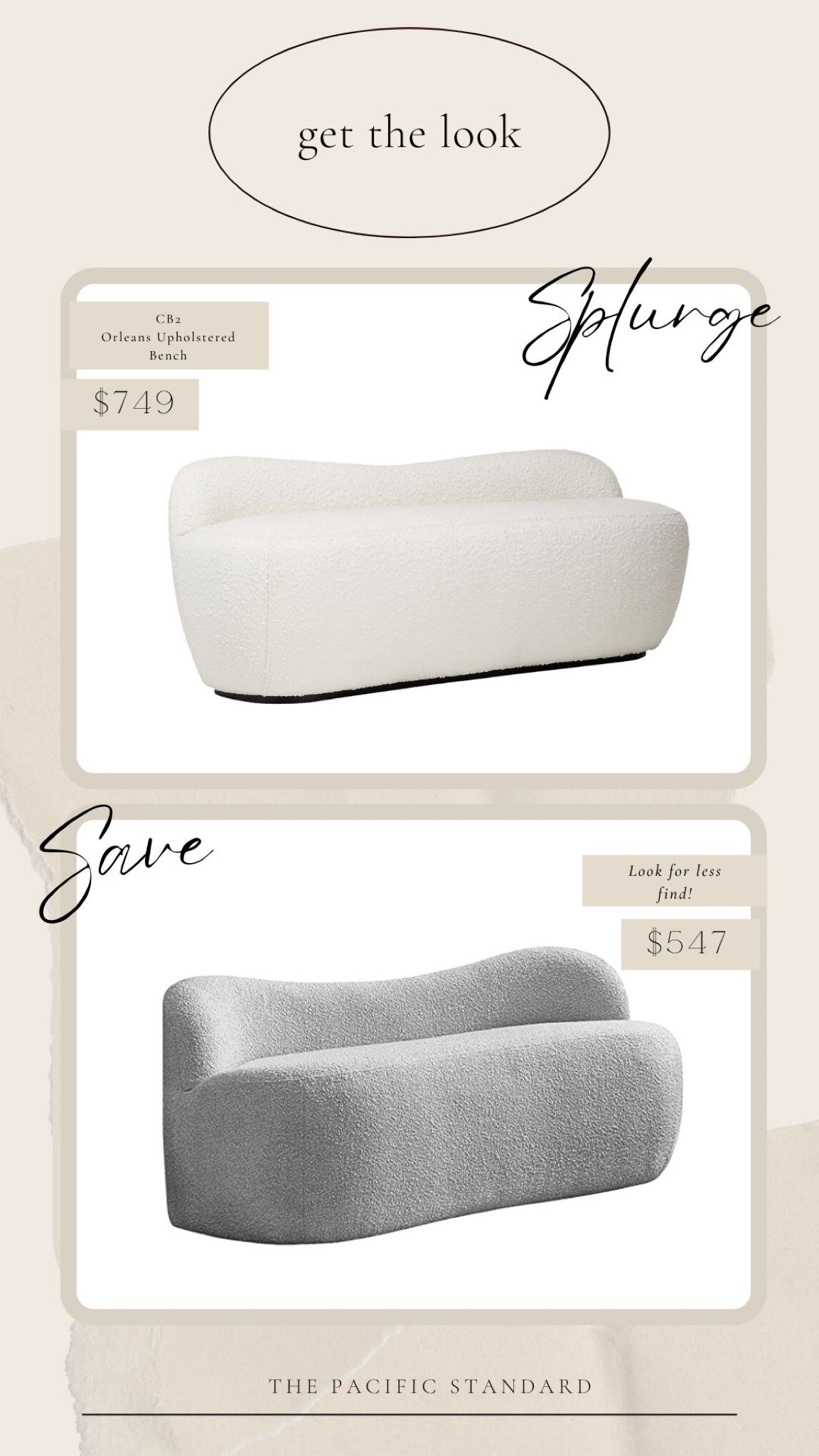 GET THE LOOK: CB2 Orleans Upholstered Boucle Bench #lookforless  | the #affordablefind is in a grey-tone, measurements are nearly identical!

#savevssplurge 

#LTKFind #LTKsalealert #LTKhome